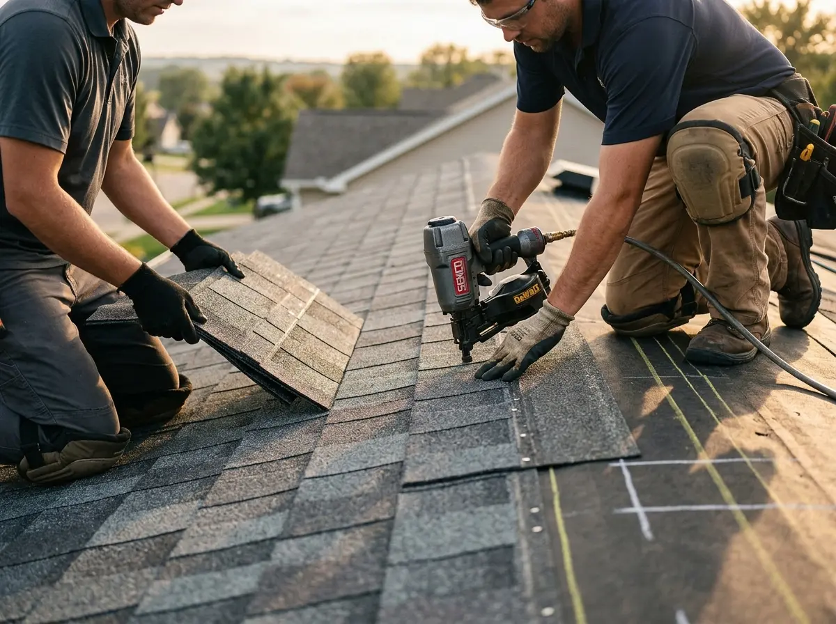 Professional roofer working on a residential roof in Iron Mountain